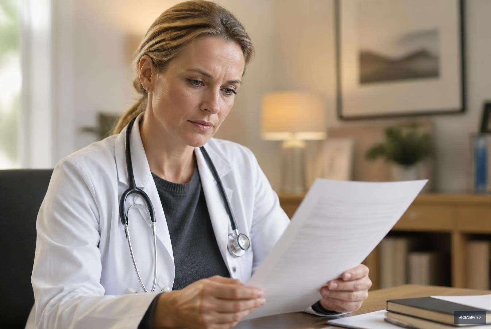 Sample listing image — fictional physician reviewing a lab report